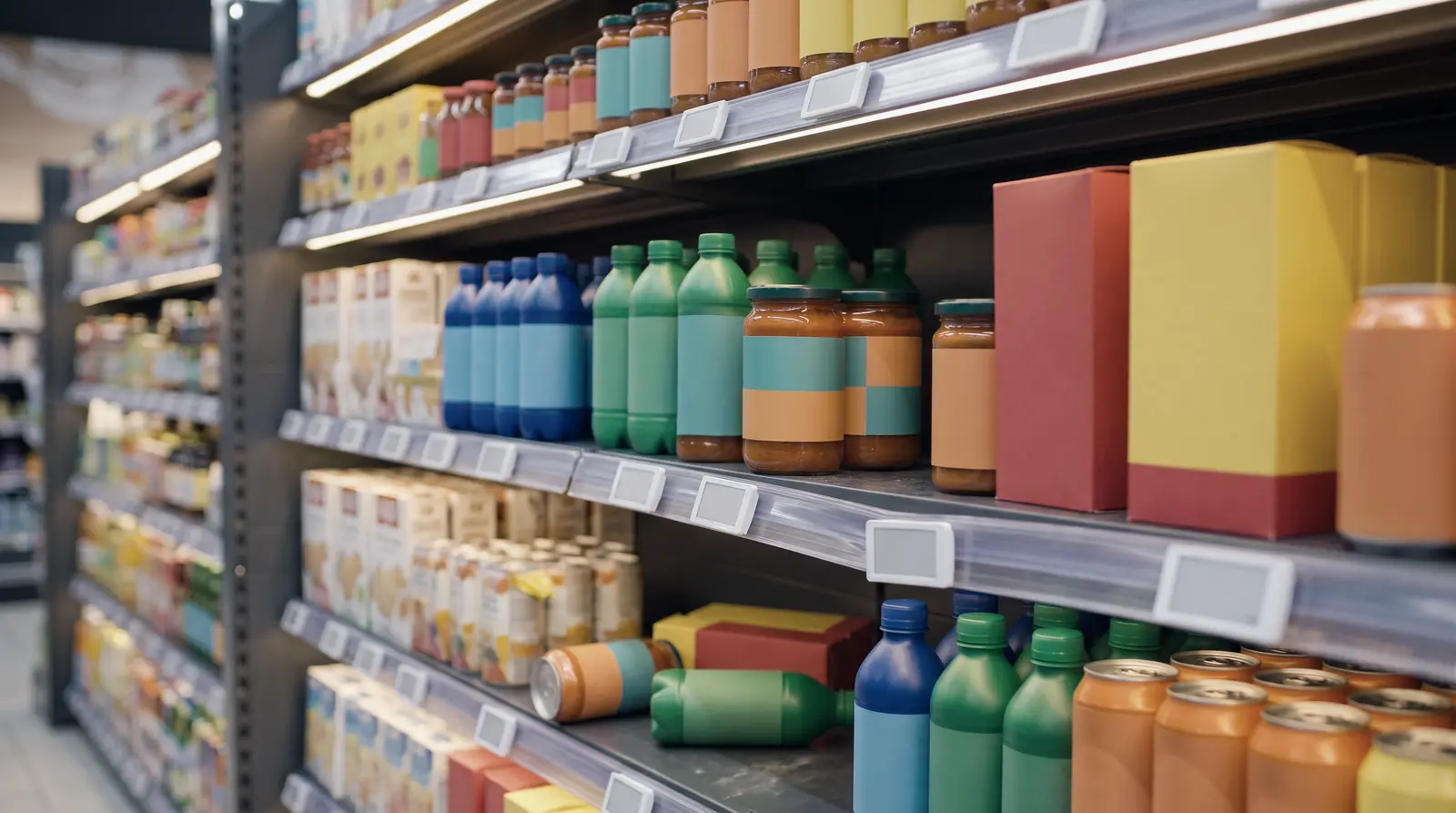 Anaquel desordenado antes de la visita, con espacios vacíos y productos caídos
